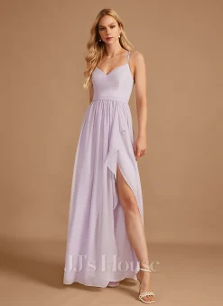 Jjshouse.fr Robe Trapèze Col V Asymétrique Mousseline Robe De Demoiselle D'honneur Avec Plissé Fendue Devant -Voiles mariée Soldes 3483669797af34df7e7854942a768c3f