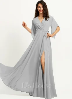 Jjshouse.fr Robe Trapèze Col V Longueur Ras Du Sol Mousseline Robe De Demoiselle D'honneur Avec Plissé Fendue Devant