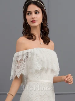 JJsHouse Forme Sirène/trompette épaule Dénudée Balayage/pinceau Train Dentelle Robe De Mariée Avec Arc -Voiles mariée Soldes 35f94f37b80f42a6ed05853a5447acc4