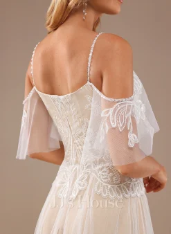 JJsHouse Robe Trapèze Col V Longueur Ras Du Sol Dentelle Tulle Robe De Mariée Avec Brodé Plissé Paillettes -Voiles mariée Soldes 394528b56d1f92981bb460b02b6f7002