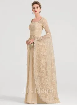 JJsHouse Robe Trapèze Carré Longueur Ras Du Sol Mousseline Dentelle Robe De Mariée Avec Brodé Plissée