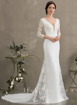 JJsHouse Forme Sirène/trompette Col V Mousseline Dentelle Robe De Mariée Avec Brodé Paillettes