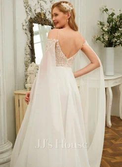 JJsHouse Robe Trapèze Accueil Froid Col V Balayage/pinceau Train Mousseline Dentelle Robe De Mariée Avec Brodé Paillettes -Voiles mariée Soldes 3b261b75da80383a68a1a190f1f41abe