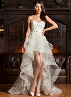JJsHouse Robe Trapèze Cache Cœur Asymétrique Charmeuse Dentelle Tulle Robe De Mariée Avec Brodé Arc