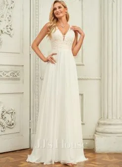 JJsHouse Robe Trapèze Col V Balayage/pinceau Train Mousseline Dentelle Robe De Mariée -Voiles mariée Soldes 3c94f9f6341bf8b51c89923761f03a7b