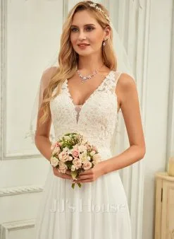 JJsHouse Robe Trapèze Col V Balayage/pinceau Train Mousseline Dentelle Robe De Mariée -Voiles mariée Soldes 3ca6d0d585f5f58683519344faa7c501