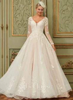 JJsHouse Robe Marquise/princesse Col V Traîne Moyenne Dentelle Tulle Robe De Mariée
