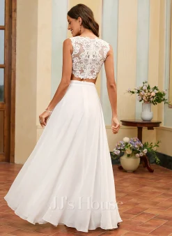 JJsHouse Robe Trapèze Col Bateau Longueur Ras Du Sol Mousseline Dentelle Robe De Mariée Avec Brodé Paillettes -Voiles mariée Soldes 40169abe29a281f89b1ebd566500c006