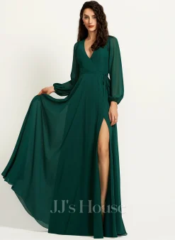 Jjshouse.fr Robe Trapèze Col V Longueur Ras Du Sol Mousseline Robe De Demoiselle D'honneur Avec Fendue Devant -Voiles mariée Soldes 40e2d1d72bc39273523a5624415249d9