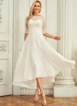 JJsHouse Robe Trapèze Scoop Asymétrique Mousseline Dentelle Robe De Mariée Avec Brodé Paillettes