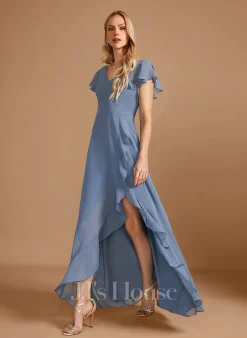 Jjshouse.fr Robe Trapèze Col V Asymétrique Mousseline Robe De Demoiselle D'honneur Avec Plissé Fendue Devant -Voiles mariée Soldes 43cc84be8a6c704450168c05b9698add