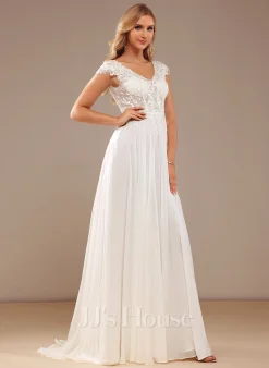 JJsHouse Robe Trapèze Col V Balayage/pinceau Train Mousseline Dentelle Robe De Mariée -Voiles mariée Soldes 446b69bae10e2f4a546bd690541d5ebc