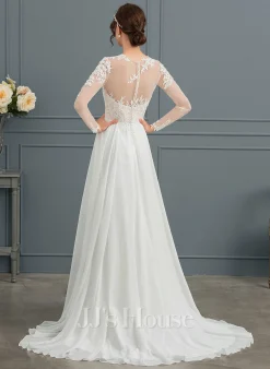 JJsHouse Robe Trapèze Illusion Balayage/pinceau Train Mousseline Tulle Robe De Mariée Avec Motifs Appliqués Dentelle -Voiles mariée Soldes 44fa672dd1890198fada15db3edf271a