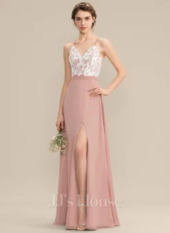 Jjshouse.fr Robe Trapèze Col V Longueur Ras Du Sol Mousseline Dentelle Dentelle Mousseline Robe De Demoiselle D'honneur Avec Fendue Devant -Voiles mariée Soldes 455cd60662bcaef72b1523a46c4c0efd