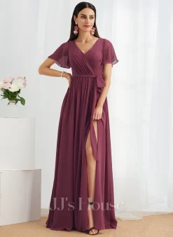 Jjshouse.fr Robe Trapèze Col V Longueur Ras Du Sol Mousseline Robe De Demoiselle D'honneur Avec Fendue Devant -Voiles mariée Soldes 45d91ecbd763258d29c12f411f636a87