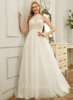 JJsHouse Robe Marquise/princesse Col Haut Balayage/pinceau Train Dentelle Tulle Robe De Mariée Avec Paillettes -Voiles mariée Soldes 469579c8a8dbc08e05ca39d72b7bebce