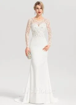JJsHouse Forme Sirène/trompette Col V Balayage/pinceau Train Dentelle Crêpe Stretch Robe De Mariée Avec Brodé Paillettes -Voiles mariée Soldes 46cd2d22d704aa352ba5a8a6fb197789