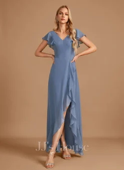 Jjshouse.fr Robe Trapèze Col V Asymétrique Mousseline Robe De Demoiselle D'honneur Avec Plissé Fendue Devant