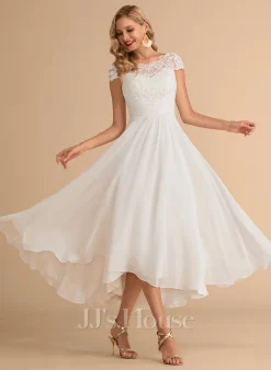 JJsHouse Robe Trapèze Scoop Asymétrique Mousseline Dentelle Robe De Mariée