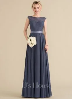 Jjshouse.fr Robe Trapèze Scoop Longueur Ras Du Sol Mousseline Dentelle Satiné Dentelle Mousseline Robe De Demoiselle D'honneur Avec Arc -Voiles mariée Soldes 4acf1f6cb2d22d6f09a1769164fadcde