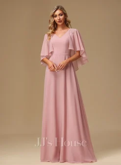 Jjshouse.fr Robe Trapèze Col V Longueur Ras Du Sol Mousseline Robe De Demoiselle D'honneur Avec Dentelle