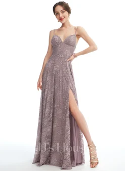 Jjshouse.fr Robe Trapèze Col V Longueur Ras Du Sol Dentelle Robe De Demoiselle D'honneur Avec Fendue Devant