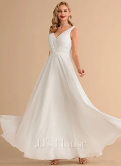 JJsHouse Robe Trapèze Col V Longueur Ras Du Sol Mousseline Robe De Mariée Avec Plissé