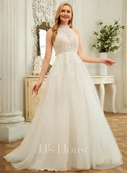 JJsHouse Robe Marquise/princesse Col Haut Balayage/pinceau Train Dentelle Tulle Robe De Mariée Avec Paillettes -Voiles mariée Soldes 534abaea9c7056a0c0854aa226108c3a