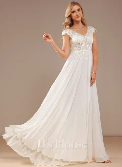 JJsHouse Robe Trapèze Col V Balayage/pinceau Train Mousseline Dentelle Robe De Mariée -Voiles mariée Soldes 53dfa17d90f3dfec16713aaa254ec2c2