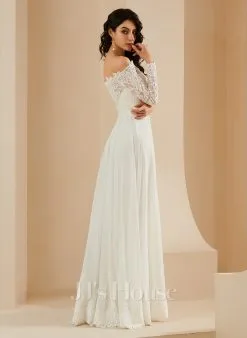 JJsHouse Robe Trapèze épaule Dénudée Balayage/pinceau Train Mousseline Dentelle Robe De Mariée -Voiles mariée Soldes 54b21759ffc7d246caa6f22710aa111e