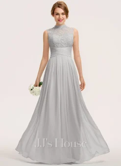 Jjshouse.fr Robe Trapèze Col Haut Longueur Ras Du Sol Mousseline Dentelle Dentelle Mousseline Robe De Demoiselle D'honneur Avec Plissé