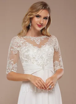 JJsHouse Robe Trapèze Col Bateau Asymétrique Mousseline Dentelle Robe De Mariée -Voiles mariée Soldes 565f67522344ade0e9bd59b6a8609b35