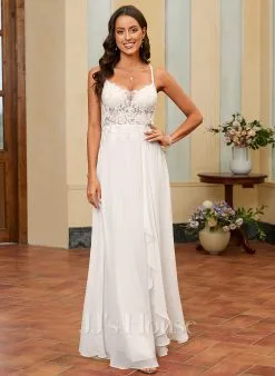 JJsHouse Robe Trapèze Col V Longueur Ras Du Sol Mousseline Dentelle Robe De Mariée Avec Paillettes -Voiles mariée Soldes 566f5ebc1473a44b6f89e18899f970f5