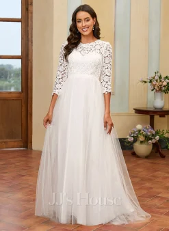JJsHouse Robe Trapèze Col Haut Balayage/pinceau Train Dentelle Tulle Robe De Mariée
