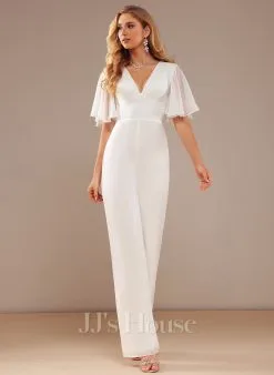 JJsHouse Jumpsuit / Pantsuit Col V Longueur Ras Du Sol Mousseline Robe De Mariée Avec Plissé