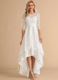 JJsHouse Robe Trapèze Scoop Asymétrique Dentelle Satiné Robe De Mariée