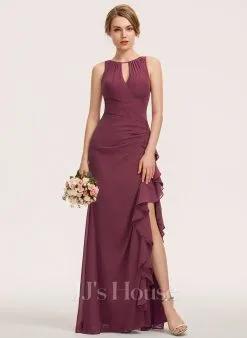 Jjshouse.fr Robe Trapèze Scoop Longueur Ras Du Sol Mousseline Mousseline Robe De Demoiselle D'honneur Avec Robe à Volants Fendue Devant