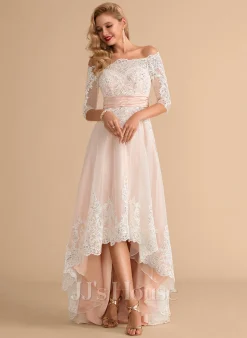 JJsHouse Robe Trapèze Asymétrique Dentelle Satiné Tulle Robe De Mariée Avec Paillettes -Voiles mariée Soldes 58ad163dbd8e09988562e997ebcedd69