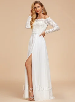 JJsHouse Robe Trapèze épaule Dénudée Longueur Ras Du Sol Mousseline Dentelle Robe De Mariée -Voiles mariée Soldes 58beed662dc1735eadca84a8f96ec477