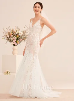 JJsHouse Forme Sirène/trompette Col V Traîne Moyenne Dentelle Tulle Robe De Mariée