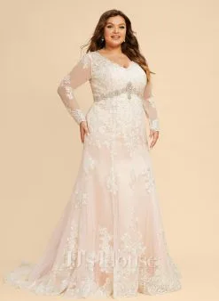 JJsHouse Forme Sirène/trompette Col V Traîne Moyenne Dentelle Tulle Robe De Mariée -Voiles mariée Soldes 595a63c48290e35deb3edc55ff54929f