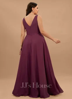 Jjshouse.fr Robe Trapèze Col V Longueur Ras Du Sol Mousseline Robe De Demoiselle D'honneur Avec Fendue Devant -Voiles mariée Soldes 5aac0f63a663af29993c6b082325b65c