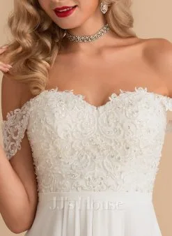 JJsHouse Robe Trapèze épaule Dénudée Asymétrique Mousseline Dentelle Robe De Mariée Avec Brodé Paillettes -Voiles mariée Soldes 5c5ecda8cb8c95d777f3ebfb72e35791