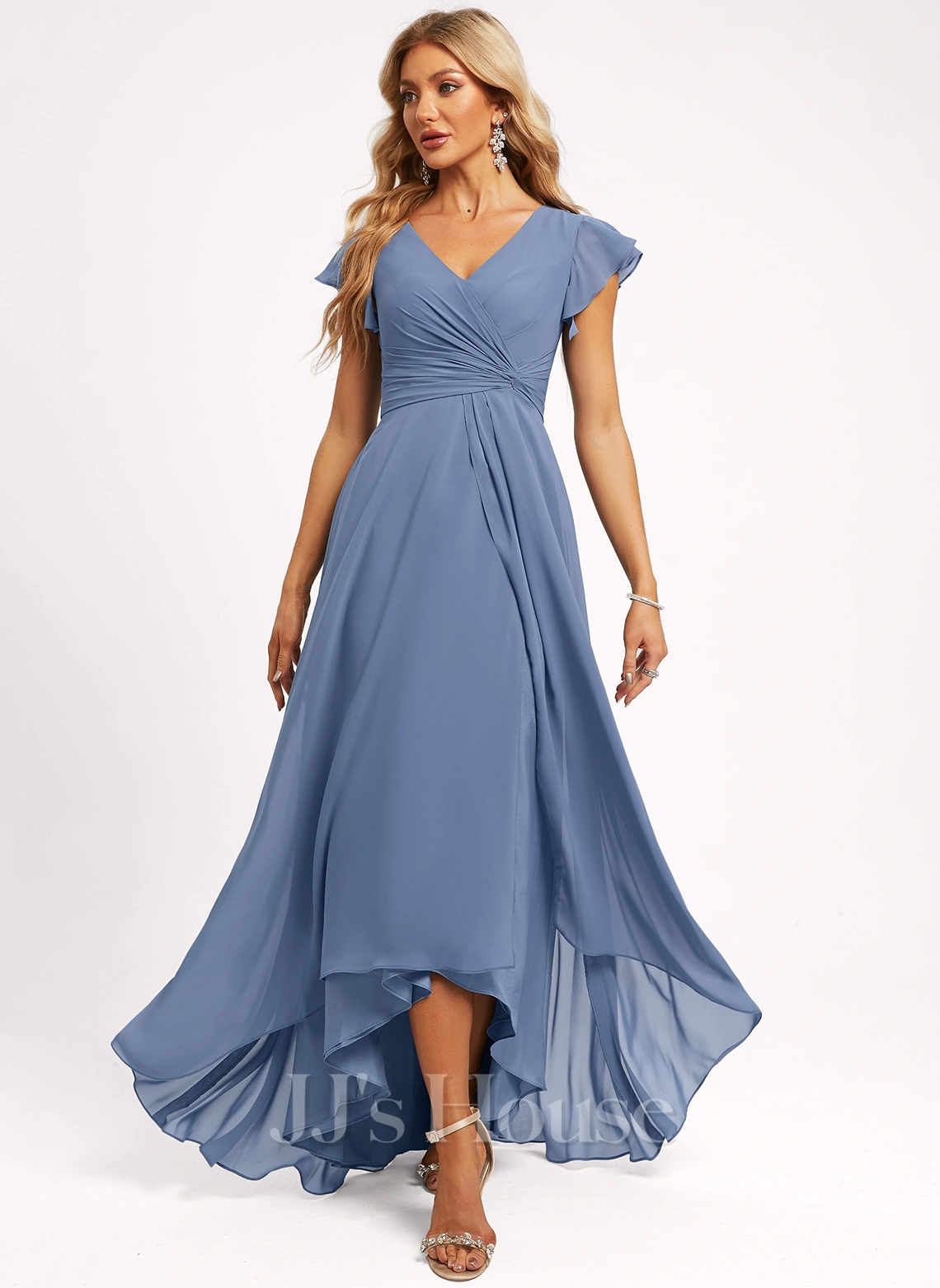 Jjshouse.fr Robe Trapèze Col V Asymétrique Mousseline Robe De Demoiselle D'honneur Avec Plissé 3 Jjshouse.fr Robe Trapèze Col V Asymétrique Mousseline Robe De Demoiselle D'honneur Avec Plissé – Image 3