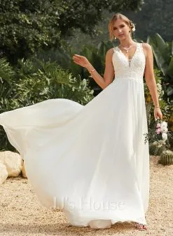 JJsHouse Robe Trapèze Col V Balayage/pinceau Train Mousseline Dentelle Robe De Mariée -Voiles mariée Soldes 5f381fd7eb306ec873a25f2d4edb75cc