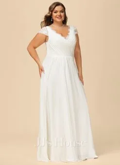 JJsHouse Robe Trapèze Col V Longueur Ras Du Sol Mousseline Dentelle Robe De Mariée Avec Plissé -Voiles mariée Soldes 5f7877324130479870929f04b64f0c32