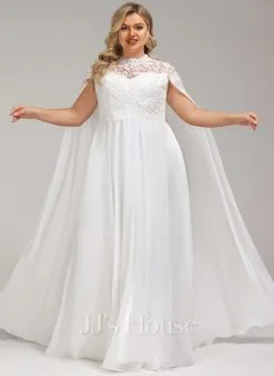 JJsHouse Robe Trapèze Col Haut Longueur Ras Du Sol Mousseline Dentelle Robe De Mariée -Voiles mariée Soldes 602fbb467205eaee6088d3597d2bff46