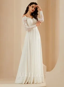 JJsHouse Robe Trapèze épaule Dénudée Balayage/pinceau Train Mousseline Dentelle Robe De Mariée -Voiles mariée Soldes 61d94967605d4893054a4a35380e7de4