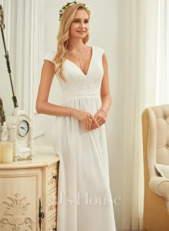 JJsHouse Robe Trapèze Col V Longueur Ras Du Sol Mousseline Dentelle Robe De Mariée -Voiles mariée Soldes 6206ff215ec5d95e268f864865fa1417