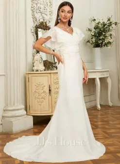 JJsHouse Forme Sirène/trompette Col V Traîne Moyenne Mousseline Dentelle Robe De Mariée Avec Paillettes